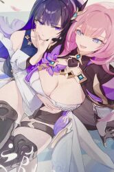 2girls absurdres breasts cleavage elysia_(honkai_impact) elysia_(miss_pink_elf)_(honkai_impact) hair_ornament hand_on_another's_cheek hand_on_another's_face highres honkai_(series) honkai_impact_3rd hug large_breasts long_hair multiple_girls open_mouth pink_eyes pink_hair purple_eyes purple_hair raiden_mei roena thigh_strap yuri