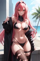 ai_generated bikini black_bikini blue_eyes collar darling_in_the_franxx fiend pink_hair shy skin squatting zero_two_(darling_in_the_franxx)