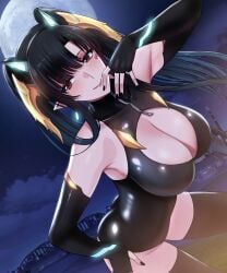 1girls black_gloves black_hair black_nails bodysuit breasts city_background cleavage clothed clothing detailed_background female female_only fingerless_gloves full_moon gloves horns huge_breasts light-skinned_female light_skin looking_at_viewer moon outside pixela_legends pixela_project pointy_ears red_eyes seductive solo umino_ciala virtual_youtuber xtermination