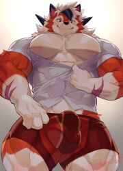 1boy 4_fingers abs absurd_res anthro anthro_focus barely_visible_genitalia black_hair blush canid canine clothed clothing dipstick_ears dusk_lycanroc fingers fluffy fur generation_7_pokemon genital_outline genitals hair hi_res kyoto_rex looking_at_viewer looking_down looking_down_at_viewer lycanroc male male_anthro male_focus male_only mammal multicolored_body multicolored_ears multicolored_fur multicolored_hair muscular muscular_male muscular_thighs neck_tuft nintendo orange_clothing orange_underwear pecs pokemon pokemon_(species) scar shirt simple_background smile solo solo_focus spiky_hair standing tan_body tight_clothing topwear tos_tos_f_ski tuft two_tone_body two_tone_fur unbuttoning underwear undressing white_body white_clothing white_fur white_hair white_shirt white_topwear yellow_body yellow_eyes yellow_fur