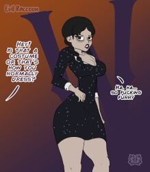 black_eyes black_hair dialogue dress evil_raccoon goth goth_girl medium_breasts pale-skinned_female pale_skin rude the_addams_family thick thick_ass thick_thighs twintails wednesday_addams