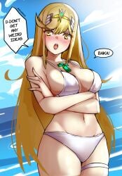 1340smile 1girl 1girls bikini bikini_bottom bikini_top blonde_hair blushing breasts clouds core_crystal crown cute english_text female female_only high_resolution highres large_breasts long_hair long_hair_female looking_at_viewer looking_down looking_down_at_viewer mouth_open mythra_(xenoblade) nintendo nipples_bulge nipples_visible_through_bikini ocean sky solo tagme text text_bubble tiara tsundere white_bikini xenoblade_(series) xenoblade_chronicles_2 yellow_eyes