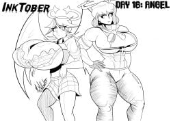 2girls aballon_(mrmelted) angel big_breasts borrowed_character breasts busty chastity_(matsu-sensei) clothing female female_only halo huge_breasts inktober large_breasts looking_at_each_other massive_breasts mrmelted original thick_thighs top_heavy wide_hips