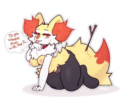 2023 4_fingers all_fours anthro areola artist_name bedroom_eyes black_body black_eyebrows black_eyelashes black_fur black_pupils braixen breasts cheek_tuft claws collar collar_only dialogue digital_media_(artwork) english_text eyebrows eyelashes facial_tuft feet female fingers fluffy fluffy_tail front_view fur generation_6_pokemon genitals half-closed_eyes hi_res inner_ear_fluff kashu looking_at_viewer multicolored_body multicolored_fur multicolored_tail narrowed_eyes neck_tuft nintendo nipples nude outline pink_areola pink_nipples pokemon pokemon_(species) pupils pussy red_body red_collar red_eyes red_fur red_inner_ear_fluff red_nose red_tail seductive signature simple_background smile solo speech_bubble stick stick_in_tail tail talking_to_viewer text toes tongue tongue_out tuft white_background white_body white_fur white_outline yellow_body yellow_ears yellow_fur yellow_tail