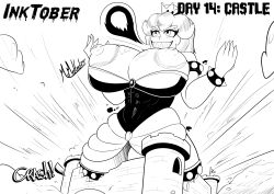 1girls big_breasts bowsette breasts breasts_out busty female female_only giantess greyscale huge_breasts large_breasts mario_(series) massive_breasts monochrome mrmelted new_super_mario_bros._u_deluxe nipples outdoors rule_63 solo