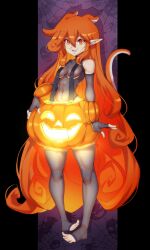 1girls absurd_res female female_only glowing halloween halloween_costume long_hair looking_at_viewer nisego orange_eyes orange_hair original pointy_ears pumpkin smiling smiling_at_viewer solo tail very_long_hair wonhan_(nisego)