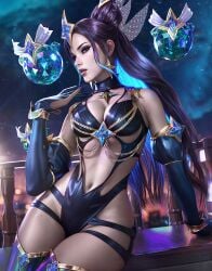 1girls 3d female female_only highres huge_breasts league_of_legends light-skinned_female lingerie low-angle_view partially_clothed prestige_skin riot_games sevenbees solo star_guardian_series star_guardian_syndra_prestige_edition syndra thick thick_thighs