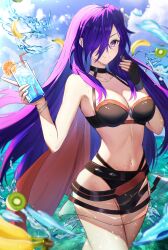 1girls alternate_costume armpits bare_thighs bikini black_bikini black_swimsuit bracelet breasts choker cleavage drink female female_only fingerless_gloves fire_emblem fire_emblem:_three_houses fire_emblem_heroes fire_emblem_warriors:_three_hopes fruit gao_kawa glass gloves hair_over_one_eye light-skinned_female light_skin long_hair looking_at_viewer medium_breasts navel nintendo ocean official_alternate_costume outdoors purple_eyes purple_hair shez_(female)_(fire_emblem) shez_(female)_(summer)_(fire_emblem) shez_(fire_emblem) single_glove smile solo swimsuit thighs very_long_hair water wet whistle