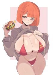 1girls alternate_breast_size bikini breasts cleavage female hi_res huge_breasts large_breasts light-skinned_female light_skin massive_breasts mature_female mcdonald's milf mom_(japanese_mcdonald's_commercial) mother orange_hair short_hair yoru_mac yoshiikirablr