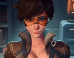 1girls 3d big_breasts breadblack breasts cleavage female female_only fully_clothed looking_at_viewer no_penetration overwatch overwatch_2 pov solo solo_female tracer