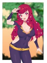 1girls bangs bodysuit breasts choker cleavage covered_navel facial_mark facial_tattoo female female_only fire_emblem fire_emblem_engage hair_ornament large_breasts looking_at_viewer nintendo open_mouth outdoors red_eyes red_hair side_slit smile solo soulx720 star star_(symbol) tattoo w yunaka_(fire_emblem)