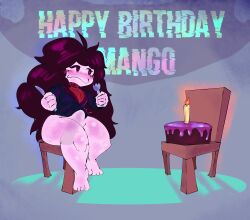 big_thighs birthday blushing cake chair dildo dildo_in_ass dildo_sitting feet rabbit-x sari_(justgian) sari_the_virus smug_face tagme