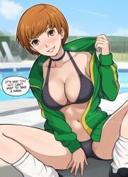 1girls ai_generated atlus bikini breasts brown_eyes brown_hair cleavage dialogue english_text female huge_breasts lepypepy light-skinned_female persona persona_4 satonaka_chie short_brown_hair short_hair smile tomboy