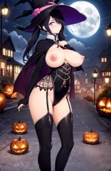 1girls ai_generated arrancar black_hair bleach breastless_clothes breasts_out cape eyepatch feet_out_of_frame female full_moon garter_straps halloween jack-o'-lantern lamppost large_breasts loly_aivirrne long_hair moon night outdoors pink_eyes slender_body solo stable_diffusion standing street street_lamp teenage_girl twintails unstable_diffusion witch_hat young