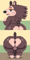 animal_crossing anthro anus ass bedroom_eyes big_butt brown_body butt_heart digital_media_(artwork) eulipotyphlan female freckles_on_face gaping gaping_pussy genitals hedgehog huge_butt mammal narrowed_eyes nintendo pixel_(artwork) pussy sable_able seductive solo ssspankeer