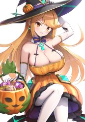 1girls alternate_breast_size alternate_version_available arm_up bangs blonde_hair bowtie breasts candy cleavage core_crystal detached_collar detached_sleeves earrings elbow_gloves female female_focus female_only gloves gold_eyes gonzarez halloween hat hi_res holidays huge_breasts large_hat latex leggings light_blush looking_at_viewer mythra nintendo orange_clothing pumpkin sitting smile solo swept_bangs thick_thighs thighs very_long_hair white_background white_leggings wide_hips witch witch_costume witch_hat xenoblade_(series) xenoblade_chronicles_2