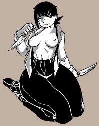 belly belly_button big_breasts black_and_white black_eyes black_hair bloobie_(artist) boobs breasts breasts_out breasts_out_of_clothes breasts_outside chainsaw_man embarrassed female female_only flustered higashiyama_kobeni jeans knife nipples no_bra pants ponytail shirt shirt_open short_hair sneakers tear thick thick_ass thick_butt thick_legs thick_thighs uniform white_body white_nipples white_shirt white_skin work_uniform