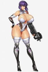 breasts cameltoe cleavage elbow_gloves fingerless_gloves ghost_in_the_shell gloves gun gurimjang high_heels huge_breasts kusanagi_motoko leotard p90 pink_eyes purple_hair short_hair thick_thighs thighhighs white_background