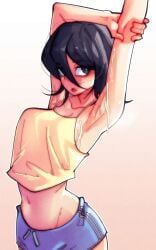 1girls absurd_res armpit_fetish armpits arms_up black_hair bleach cum_on_armpit female female_only hi_res kuchiki_rukia large_breasts looking_at_viewer short_hair short_shorts simple_background tank_top yutakke