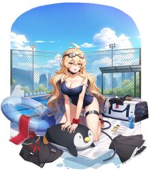 :o absurdres ahoge bag bare_arms bare_shoulders black_choker black_one-piece_swimsuit black_serafuku black_shirt black_skirt blonde_hair breasts choker cleavage counter:side day duffel_bag edith_twins female full_body goggles goggles_on_head highres huge_filesize innertube large_breasts long_hair looking_at_viewer miniskirt official_alternate_costume official_art one-piece_swimsuit open_mouth outdoors school_swimsuit school_uniform scrunchie serafuku shirt skirt solo strap_slip stuffed_animal stuffed_toy swimsuit thigh_strap thighs transparent_background unworn_shirt unworn_skirt very_long_hair wavy_hair wrist_scrunchie yellow_eyes