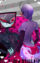 1boy 1boy1girl 1girls absurd_res ass athletic athletic_male big_breasts breasts claws clothed clothing demon demon_humanoid detailed_background duo eyewear female female_valentino_(hazbin_hotel) for_a_head genderswap genderswap_(mtf) glasses hair hazbin_hotel hi_res humanoid interspecies male male/female object_head open_mouth open_smile partially_clothed purple_hair red_eyes rule_63 rzrcrshtr screen screen_face screen_head smile teeth television thick_thighs tv_head valentino_(hazbin_hotel) vox_(hazbin_hotel) white_hair