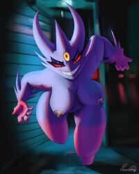 anthro areola big_breasts breasts female generation_1_pokemon gengar ghost looking looking_at_viewer mega_evolution mega_gengar nintendo nipples nude paradoxing pokémon_(species) pokemon purple_body purple_skin red_eyes red_sclera signature smile spirit teeth