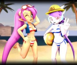 2girls 3d aquatic_dragon beach bikini crossover dragon female female_only female_protagonist freedom_planet freedom_planet_2 looking_at_viewer multiple_girls sash_lilac shantae shantae_(character) tbwinger92 video_games water_dragon winking_at_viewer