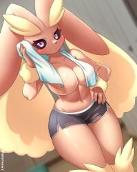 anthro athletic athletic_anthro athletic_female black_sclera blush breasts brown_body brown_fur clothing eyebrows female generation_4_pokemon lagomorph leporid lopunny mammal multicolored_body multicolored_fur nintendo pink_eyes pokemon pokemon_(species) shorts sk3tchk4t solo tan_body tan_fur thick_thighs towel wide_hips