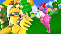 1boy 1girls 3d 3d_(artwork) anthro areola ass big_breasts birdo birdo_(character) black_body bow_accessory bowser breasts claws clitoris cobaltapple collar detailed_background digital_media_(artwork) duo feet female genitals grass hi_res humanoid koopa male mammal mario_(series) muscular nintendo nipples nude outdoors outside part_of_a_set pink_body plant pussy reptile scalie sfm spikes super_mario_bros. tail thick_thighs toe_claws tree