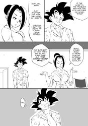 1boy 1girls annoyed bathrobe big_breasts black_and_white breasts chair chichi dragon_ball dragon_ball_super dragon_ball_z female funsexydragonball male monochrome son_goku thinking