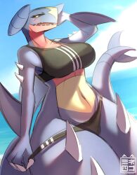 1girls anthro black_sclera breasts claws dragon female female_garchomp female_only garchomp generation_4_pokemon navel nintendo pokemon pokemon_(species) purple_body purple_skin red_body red_skin shark sk3tchk4t solo spikes tail yellow_eyes yellow_skin