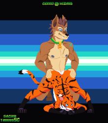 anal anal_sex animated anthro ass black_stripes blue_eyes butt_grab cain_the_dingo canid canine canis collar dingo dominant duo felid felix_grey fur gekkowizard green_collar hand_on_butt hi_res male male/male mammal muscular muscular_anthro muscular_male orange_body orange_fur pantherine penetration sagikb shaded simple_shading spread_legs spreading striped_body stripes thrusting tiger yoga