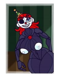 1girls blue_eyes breasts clown completely_nude completely_nude_female covered_navel cowboy_shot crushtrap curvy ennard_(fnafsl) female female_only five_nights_at_freddy's five_nights_at_freddy's:_sister_location grin hat huge_breasts large_breasts long_hair looking_at_viewer mask naked naked_female nipples nude nude_female party_hat red_hair rule_63 smile solo solo_female teeth thick_eyebrows thick_thighs thighs