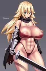 1girls areola_slip armor bending_forward bending_over big_breasts blonde_hair blush bra breasts exposed_breasts female female_only green_eyes large_breasts long_hair nipple onomeshin skimpy skimpy_clothes solo solo_female sweat the_vagrant thick_thighs vivian_(the_vagrant)