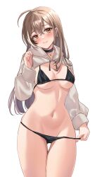 ahoge bikini black_bikini black_choker blush breasts brown_eyes brown_hair choker cleavage cowboy_shot earrings female haruuuukuma highres hololive hololive_english hololive_english_-council- hololive_english_-promise- jewelry looking_at_viewer medium_breasts multicolored_hair nanashi_mumei necklace panties panty_pull simple_background solo source_request streaked_hair swimsuit thigh_gap underwear virtual_youtuber white_background