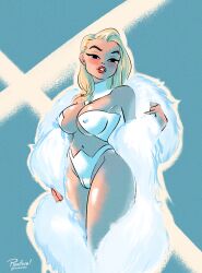 blonde_hair breasts cameltoe cape choker emma_frost fur_cape large_breasts marvel marvel_comics new_x-men nipple_bulge nipples panties pinafore_(artist) white_queen x-men