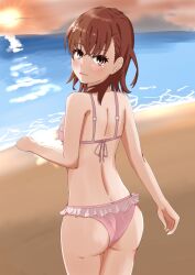 1girls 2020s 2023 ass bare_back bare_shoulders beach big_ass bikini blush breasts brown_eyes female flower frilled_bikini frills from_behind hair_flower hair_ornament hi_res looking_at_viewer looking_back matching_hair/eyes misaka_mikoto ocean open_mouth outdoors pink_bikini sand short_hair sideboob small_breasts smile solo standing sun sunlight sunset swimsuit tabu teenage_girl teenager thighs to_aru_kagaku_no_railgun to_aru_majutsu_no_index water wide_hips young