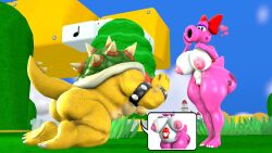 1boy 1girls 3d 3d_(artwork) anthro areola ass big_breasts birdo birdo_(character) bow_accessory bowser breasts claws clitoris cobaltapple collar detailed_background digital_media_(artwork) duo exclamation_point feet female genitals grass hair hi_res humanoid image_bubble koopa male mammal mario_(series) muscular nintendo nipples nude outdoors outside part_of_a_set pink_body plant pregnant pussy reptile scalie sfm siphon_(anatomy) spikes super_mario_bros. tail thick_thighs toe_claws tree