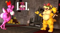 1boy 1girls 3d 3d_(artwork) anthro areola ass big_breasts birdo birdo_(character) bow_accessory bowser breasts castle claws clitoris cobaltapple collar detailed_background digital_media_(artwork) duo feet female genitals hi_res humanoid image_bubble indoors inside koopa male mammal mario_(series) muscular nintendo nipples nude part_of_a_set pink_body plant pussy reptile scalie sfm siphon_(anatomy) spikes super_mario_bros. tail thick_thighs toe_claws