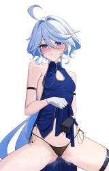 absurdres ahoge alternate_costume arm_strap asymmetrical_gloves bare_shoulders black_gloves black_panties blue_dress blue_eyes blue_hair breasts cameltoe china_dress chinese_clothes cleavage_cutout clothing_cutout commentary dress feint721 feintheart721 female furina_(genshin_impact) genshin_impact gloves highres long_hair looking_at_viewer mismatched_gloves no_headwear panties pov sleeveless sleeveless_dress small_breasts solo thigh_strap thighs underwear very_long_hair white_gloves