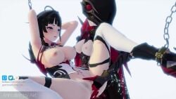 2girls akt animated big_breasts black_hair bondage chains female female_only fingering hands_behind_head honkai_(series) honkai_impact_3rd masturbation multiple_girls pussy raiden_mei raven_(honkai_impact) restrained short_playtime sound tagme video yuri