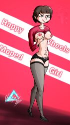 black_panties breast_grab breasts breasts_out brown_eyes brown_hair full_body happy_wheels moped_girl_(happy_wheels) original_artwork pink_nipples red_clothing red_lips red_lipstick short_hair simple_background smirk socks stockings text thighs