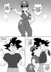 1boy 1girls big_breasts breasts bulge bulge_fondling bulge_grab bulge_through_clothing chichi dilf dragon_ball dragon_ball_super dragon_ball_z female_focus funsexydragonball grabbing_bulge male_focus milf monochrome pointing police_uniform policewoman son_goku