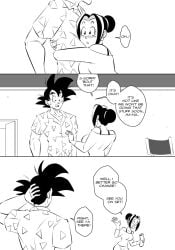 1boy 1girls bigger_male black_and_white blush breasts chair chichi chichi_(bulma's_party) dragon_ball dragon_ball_super dragon_ball_z ear_piercing female fit fit_male funsexydragonball holding_object hug male male_focus monochrome muscular muscular_male shorter_female smaller_female son_goku sweatdrop taller_male toned toned_male