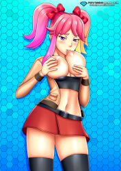 bbmbbf blush breast_sucking breasts_out diamond_level eyelashes eyelashes_visible_through_hair female_only looking_at_viewer nipples palcomix pietros_secret_club ribbon saiko_bichitaru_(smg4) self_breast_sucking smg4 twin_ribbons twintails