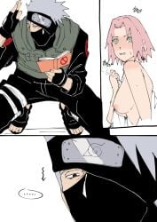 1boy 1girls after_bath after_shower age_difference big_breasts blush breasts breasts_out embarrassed embarrassed_nude_female green_eyes hatake_kakashi looking_at_another mask naruto naruto_(series) naruto_shippuden ni072 older_male older_man_and_teenage_girl older_man_and_younger_girl pink_hair sakura_haruno sharingan shower sideboob silver_hair towel walk-in waving waving_hand younger_female