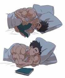 1boy asleep cute dark_hair dragon_ball ellischestert12 glasses lying_on_bed lying_on_pillow lying_on_side male male_only muscular_arms muscular_male reading reading_book sleeping solo son_gohan tank_top white_tank_top