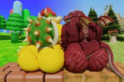 2022 2boys 3d_(artwork) albalbalb anthro ass ass_focus big_butt blue_sky bowser brick_wall detailed_background digital_media_(artwork) dragon duo eyebrows fir_tree gay giana_sisters grass_field green_body green_scales green_shell green_skin gurglewocky_(giana_sisters) hair hi_res horn huge_butt koopa looking_at_viewer looking_back looking_back_at_viewer male male/male mario_(series) mountain musclegut muscular muscular_anthro muscular_male nintendo outdoors pipes rear_view red_body red_eyebrows red_eyes red_hair red_scales red_skin scales scalie shell sitting sky small_wings smile super_mario_bros. tail tan_body tan_scales tan_skin teeth teeth_showing wall_(structure) well wings yellow_body yellow_scales yellow_skin