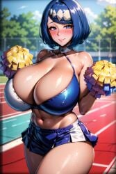 1girls ai_generated blue_eyes blue_hair breasts cheerleader cheerleader_uniform cleavage female flyingpancake huge_breasts lana's_mother_(pokemon) long_hair mature_female milf mother nintendo outdoors pokemon pokemon_sm skirt solo stable_diffusion thick_thighs