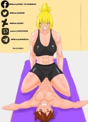 1boy 1boy1girl 1girls alex_(mimundo_alex) alternate_version_available blonde_hair dominant_female militarychildr mimundo_alex muscle_girl original sports_bra submissive_male tablita_(mimundoalex)